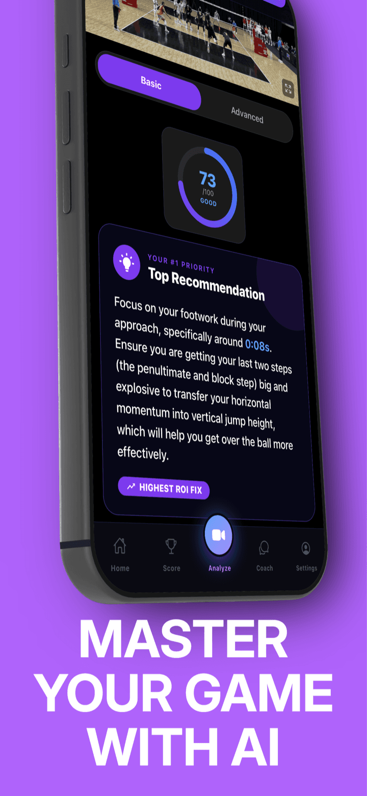 VolleyVision analysis results showing overall score and the top recommendation to fix first