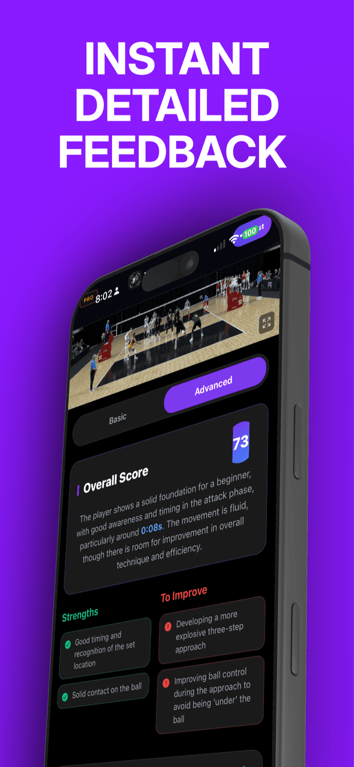 VolleyVision advanced feedback view with overall score, strengths, and areas to improve